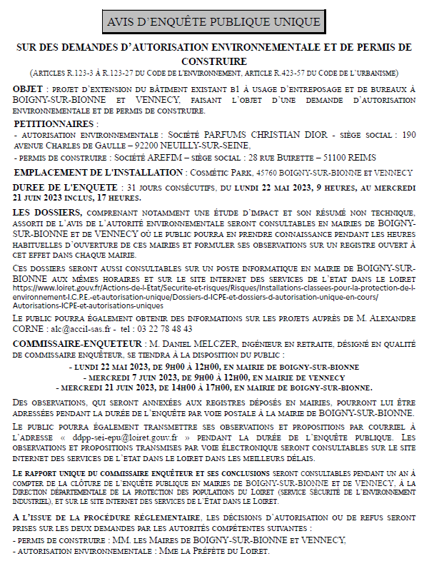 Avis d'enquête publique - Cosmétic Park